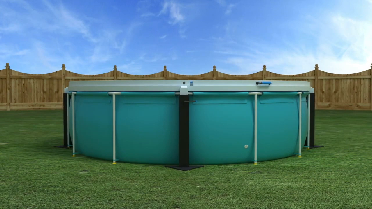 PoolVault rigid shell cover fully closed over a round above-ground pool