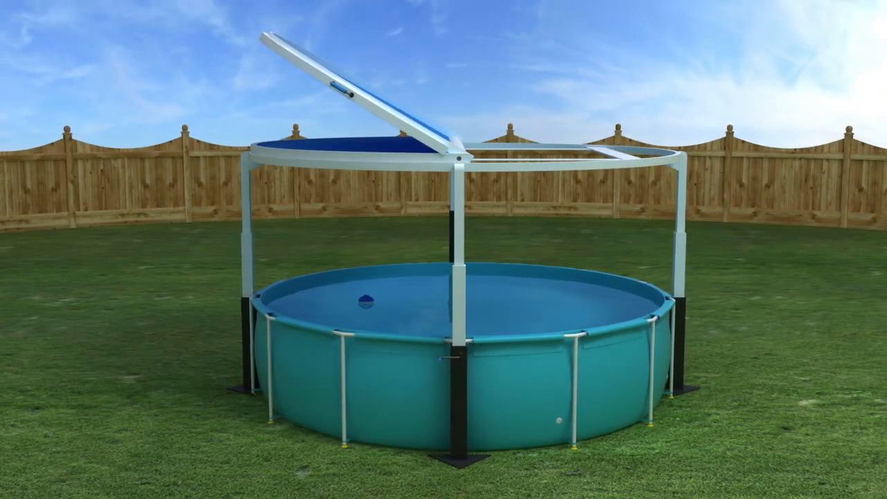 PoolVault shell partially open, tilted upward on its motorized frame
