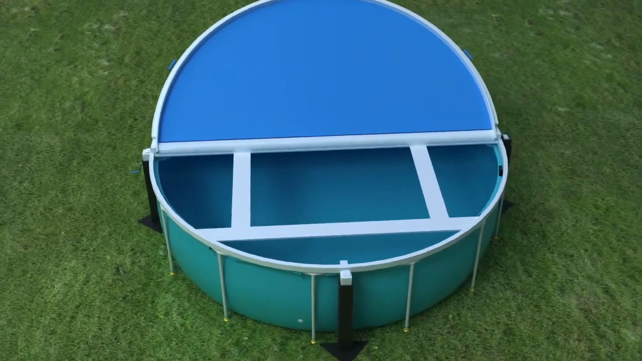 Overhead view of the PoolVault rigid shell fully closed, showing its reinforced panel structure