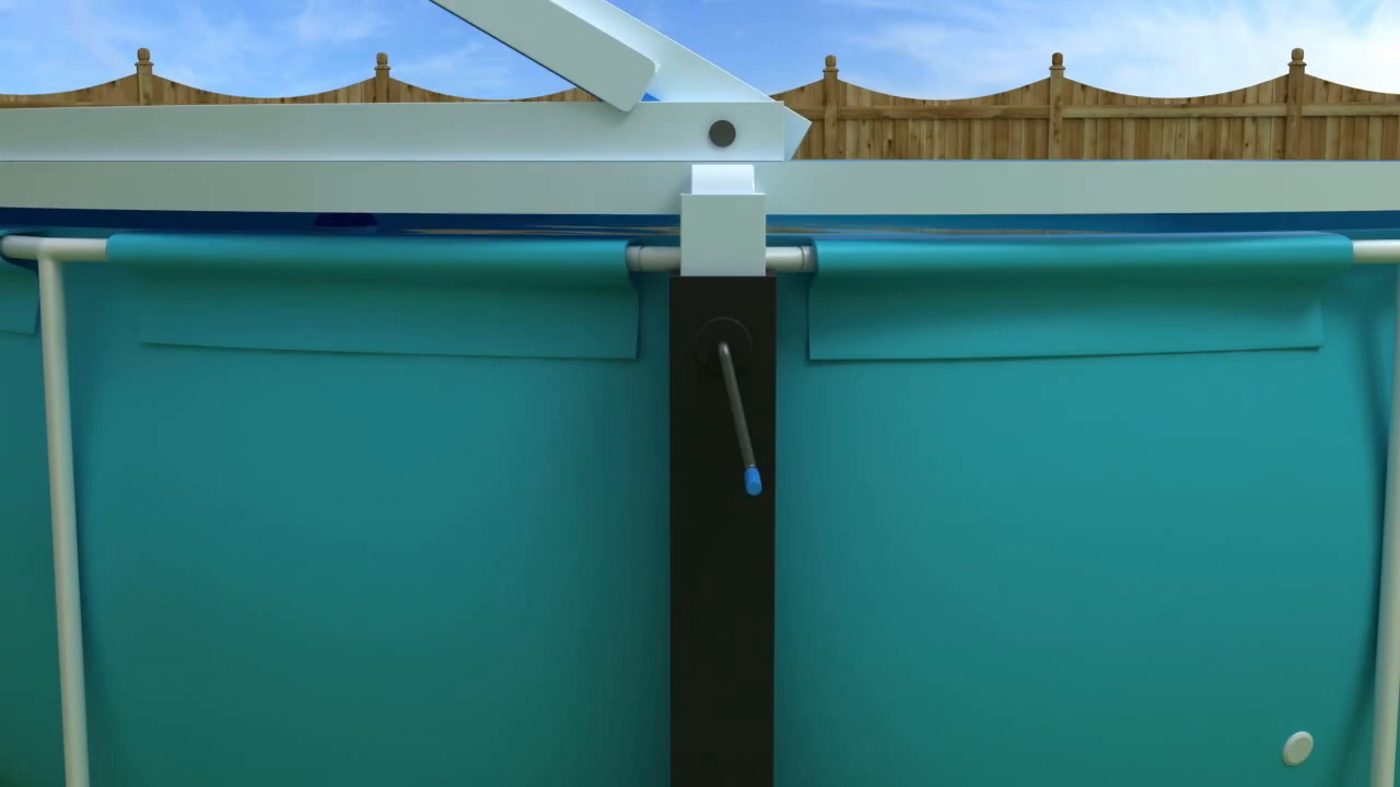 Close-up of the PoolVault control housing mounted on the pool frame